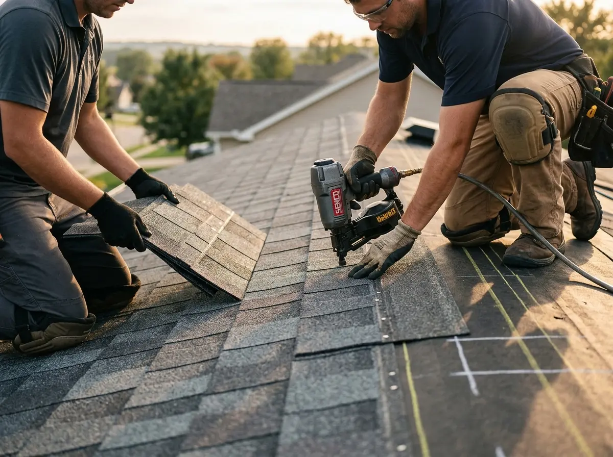 Professional roofer working on a residential roof in Ladue